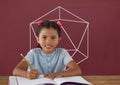 Student girl at table writing against red blackboard with school and education graphic Royalty Free Stock Photo