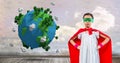 Superhero girl with sky clouds wall and planet earth world