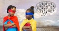 Superhero kids with cloudy sky wall with light bulb chat bubble