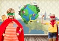 Superhero kids in room with planet earth world