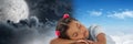 Tired little girl and Day and night moon cloudy sky contrast transition Royalty Free Stock Photo