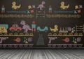 Toys graphics on blackboard in room Royalty Free Stock Photo