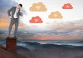 Upload cloud icons and Businessman standing on Roof with chimney and misty colorful sky landscape