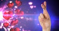 Valentine`s fingers love couple and hearts floating from light source