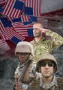 veterans day soldiers in front of flag Royalty Free Stock Photo
