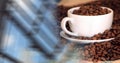 White coffee cup full of beans blurry window transition Royalty Free Stock Photo