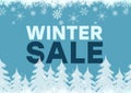 Winter Sale blue background and white firs, snowflakes