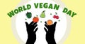 Digital composite of world vegan day with hands juggling fruits and vegetables