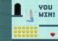 You Win text and man in Computer Game Level with coins and heart Royalty Free Stock Photo