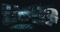 A digital composition features a humanoid robot head with complex circuitry