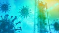 A digital composition featuring virus-like particles floating in a blue-green environment