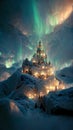 Digital concept art illustration of a frozen light castle in christmas garland in the hill during winter night.