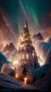 Digital concept art illustration of a frozen light castle in christmas garland in the hill during winter night.