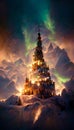 Digital concept art illustration of a frozen light castle in christmas garland in the hill during winter night.