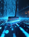 Digital concept of data cleaning shown by broom sweeping glowing digital code. Illustration represents cybersecurity privacy Royalty Free Stock Photo