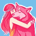 Digital conceptual art about friendship and companionship. Vector of a hippie woman with long hair hugging her siberian husky.