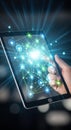 Digital connection futuristic tablet display glowing network data abstract technology interface Royalty Free Stock Photo