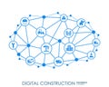 Digital construction Hexagon abstract background with lines, polygons, and integrated flat icons. Connected symbols for