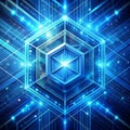 Digital Core Hexagonal Prism with Blue Lights and Grid Pattern, 3D Rendered, Futuristic Technology Concept