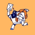 Digital correspondence delivery. Robot postman, courier running with letter in hand. Email bot with bag of mails. Online