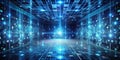 Digital corridor a futuristic data center visualization showing streams of binary code and glowing network connections. Generative Royalty Free Stock Photo
