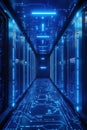 Digital Corridor, A modern corridor illuminated with glowing blue lights and featuring detailed circuit patterns, creating a