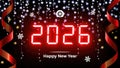 Digital countdown 2026 in bright red numbers with festive confetti and streamers on dark stage Royalty Free Stock Photo