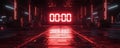 Digital countdown timer display frozen at zero in a futuristic dark space