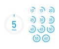 Digital countdown timer with five minutes interval in modern style. Set of 12 timer icons. Vector illustration