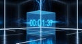 Digital countdown timer interface with futuristic blue cube and neon lights Royalty Free Stock Photo