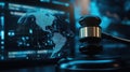 Global Cyber Law Gavel and Digital World Map Concept Royalty Free Stock Photo