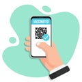 Digital COVID-19 certificate with QR code in a flat design. Hand holding smartphone with vaccinated info