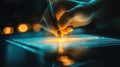 Digital creativity concept, hand writing with stylus on illuminated tablet. Solicitor pointing at contract Royalty Free Stock Photo