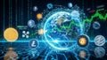 Digital of cryptocurrency and global finance with Earth, network connections, binary code, and stock charts Keywords Royalty Free Stock Photo