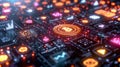 Digital Cryptocurrency Network Visualization Featuring Bitcoin and Various Blockchain Icons Showcasing Data and Royalty Free Stock Photo