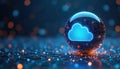 Digital crystal orb with glowing blue cloud symbol. Abstract network grid connects points of light. Represents tech innovation, Royalty Free Stock Photo
