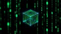Digital Cube Encrypted in Futuristic Network Matrix with Flowing Binary Code Royalty Free Stock Photo