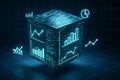 Digital cube with data analytics graphics and code in futuristic design concept of technology, innovation, data analysis Royalty Free Stock Photo