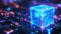 Complex digital cube hovering over circuit board, symbolizing big data neon, processing, and advanced technological Royalty Free Stock Photo