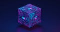 A digital cube floating in a dark environment features intricate neon circuit patterns in Royalty Free Stock Photo