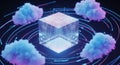 Digital cube with glowing data streams and surrounding luminous clouds Royalty Free Stock Photo
