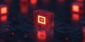 Digital cube with glowing patterns on circuit board background