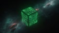 Digital Cube with Green Binary Code in Nebula glowing Royalty Free Stock Photo