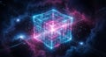 Digital cube network glowing with blue and pink light in a dark nebula Royalty Free Stock Photo