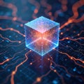 Digital cube structure. Interconnected data streams, neural network connections. Advanced tech concept. Dynamic information grid. Royalty Free Stock Photo
