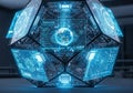 Digital cube structure with multiple holographic screens displaying Royalty Free Stock Photo