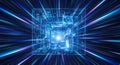 Abstract digital cube with light streaks represents data flow and technology concepts Royalty Free Stock Photo