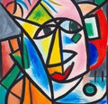 Digital cubism, array of human faces pieced together, each face encoded with binary numbers, hint of Picasso, vibrant colors