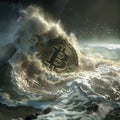 The digital currency Bitcoin is shown as a physical coin being battered by ocean waves Royalty Free Stock Photo