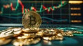 Digital currency Bitcoin on technology background. Modern virtual currency. Revolutionary digital crypto coins. Future money.